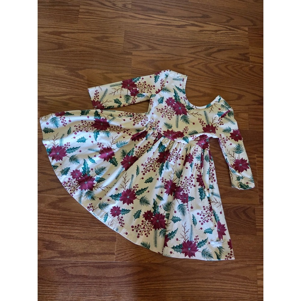 Ruffle Butts Christmas Poinsettia Long Sleeve Swing Dress with Back Bow Kids 3T